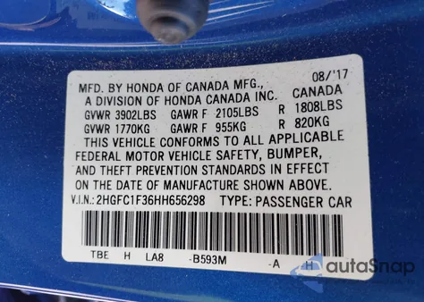 2017 Honda Civic Ex-T from USA, damaged, VIN 2HGFC1F36HH656298